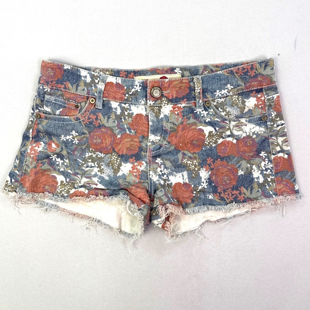 1st Kiss Floral Denim Shorts Blue Red Low Rise Frayed Cutoff FK2099E1B Size 9